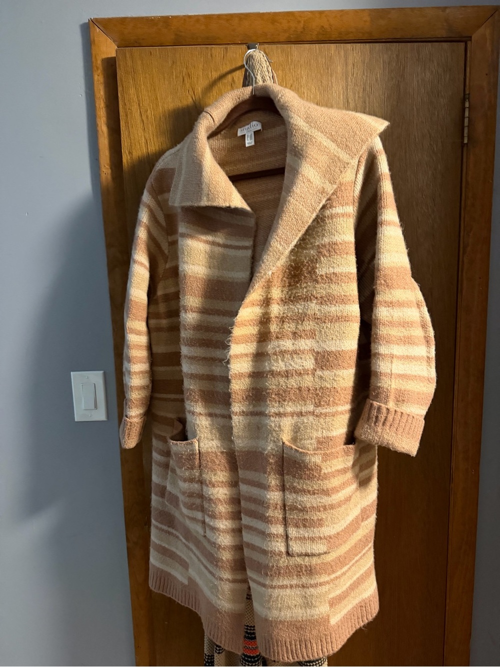 Studio Striped Teddy Coat in Beige and Cream